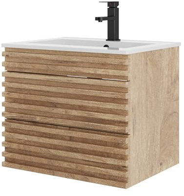 UEV Waschtisch mit Unterschrank, Waschbeckenunterschrank 60cm hängend, Schubladen mit Soft-close-System, Waschplatz, Wandwaschbecken, Badezimmmer Möbel für Gäste WC, Badmöbel Set für Badezimmer, Natur