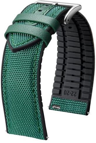 BINLUN Cinturini per Orologi in Nylon Silicone 18mm 19mm 20mm 21mm 22mm Cinturino Ibrido in Tela e Gomma a Sgancio Rapido Cinturino di Ricambio per Uomo Donna(Fibbia verde-argento,20mm)