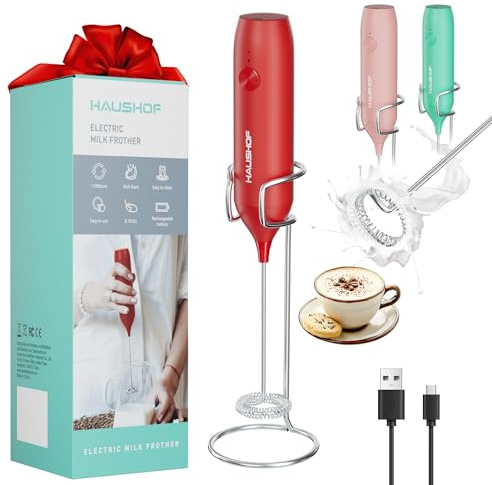 HAUSHOF Powerful Rechargeable Milk Frother Wand with Stand, Handheld Electric Foam Maker, Drink Mixer with Detachable Stainless Steel Whisk for Coffee Latte, Cappuccino, Matcha, Red