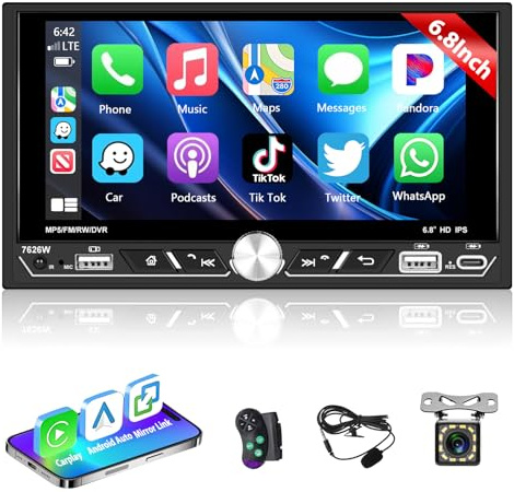 Motorsi Carplay 2 Din bilradio, 6,8 tum HD-pekskärm Wired Android bil stereo MP5-spelare, stöd för Bluetooth/MirrorLink/FM/USB2.0/AUX/laddning/fjärrkontroll bakkamera