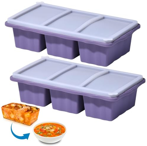 Defresit 2-Pack Silicone Freezer Tray 1 Cup/250 mL Cubes with Lids, Perfect for Storing Soup, Broth, Sauces, Batch Cooking and More, Oven-Safe Silicone Freezer Moulds (Purple)