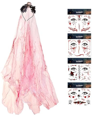 XFSRG 5 Stück Blutiger Brautschleier Rosen Halloween Tattoo Gesicht Bloody Schleier Braut Spitze Mexikanische Blumenkrone Skull Schleier Gruseliges Kostüm Eadband Aufkleber Halloween Maskerade
