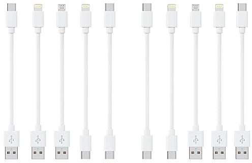 [20CM, 10-Pack] Multi Short USB Charging Cables, Fast Charge & Sync Type-C/Lightn-ing/Micro Cords Bulk for Charging Station Compatible with iPhone16&15, iPhone5-14, iPads, Mobiles, Tablets - White