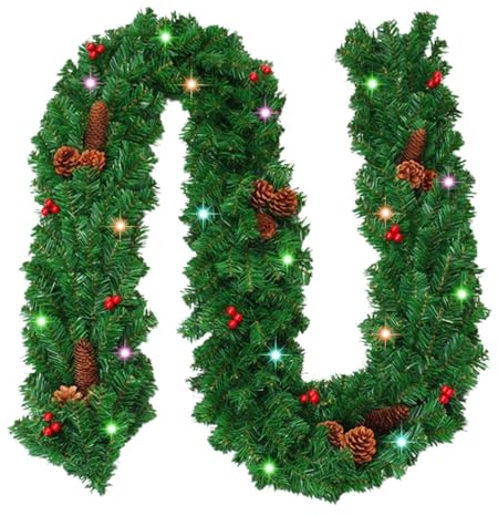 2.7m Weihnachtsgirlande mit Beleuchtung,LED Weihnachtsgirlanddekorationen Kiefernzweig,2.7m künstliche vorbeleuchtete Weihnachten Girlande Dekor für Kaminfenster und Garten