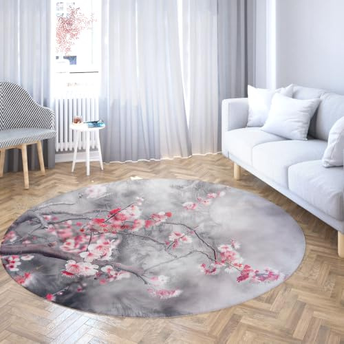 TOANGWALL Japansk bläckfärg plommonträd, 80 cm, rund matta för hemmakontor, maskintvättbar, med halkfri matta och mjuk nedförsbacke för krubba