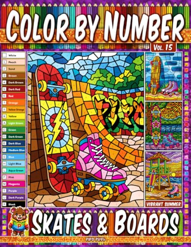 Color by Number Vol. 15 - Skates and Boards: Vibrant Summer Edition - 20 Pages in Diverse Art Styles - Skateboards And Sunny Skating Adventures