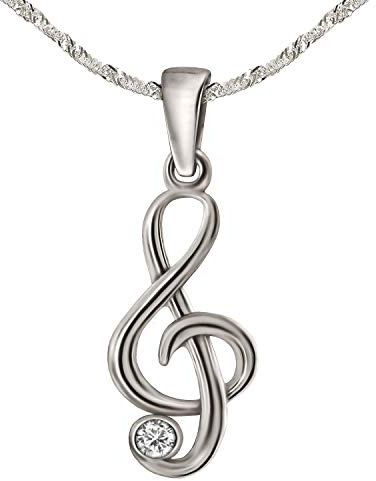 CLEVER SCHMUCK Notenschlüssel Kette Silber 20 mm Violinschlüssel mit Zirkonia & Singapurkette 45 cm 925 Sterling Silber 925 Geschenk für Musiker in Faltbox
