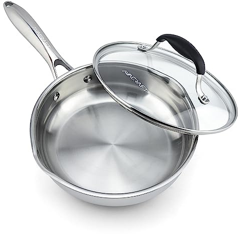 AVACRAFT 8 Inch Stainless Steel Frying Pan with Lid, Side Spouts, Induction Compatible | Tempered Glass Lid, Drip-Free Pour Spouts, 5-Layer Capsule Base, Induction Compatible, Oven Safe, Dishwasher Safe