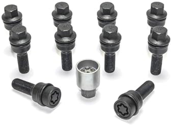 H&R Radschrauben Satz Kugelbund mit bewegliche Kugelbund R14 M14x1.50 - Länge 35mm - Schwarz - 10 Stück (z.B. kompatibel mit Audi Q3, Q5) - inkl. Felgenschloss