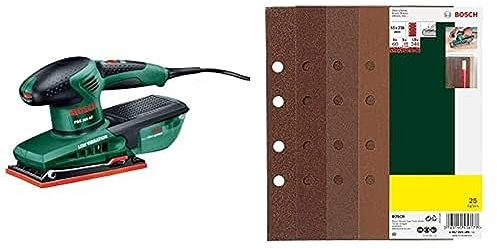 Bosch Schleifmaschine PSS 250 AE (250 Watt, Schwingkreis 2 mm, im Koffer) + 25tlg. Schleifblatt-Set zur Spannbügelbefestigung (für verschiedene Materialien, Körnung 60/80/120/240, 8 Löcher)