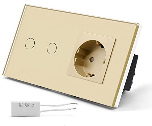 BSEED Interruptor Regulador de Luz y Enchufe, Interruptor Tactil Normal 16A 2 Gang 1 Vía Oro