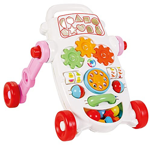 Pilsan My First Walker Deambulatore con musica e attività divertenti come palline, perle, ecc., Bianco Rosa Rosso