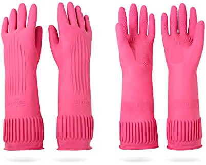 DABOGOSA Mamison 2 Pairs Reusable Waterproof Household Dishwashing Cleaning Rubber Gloves, Non-Slip Kitchen Glove (Pink, Medium (Pack of 2))