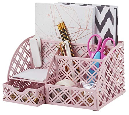 EXERZ nät metall skrivbordsorganisatör med 7 fack och låda ljusrosa | Compact förvaring för pennor Notes Clips Makeup och Desk Essentials för hemmet kontor studier och Dressing Table