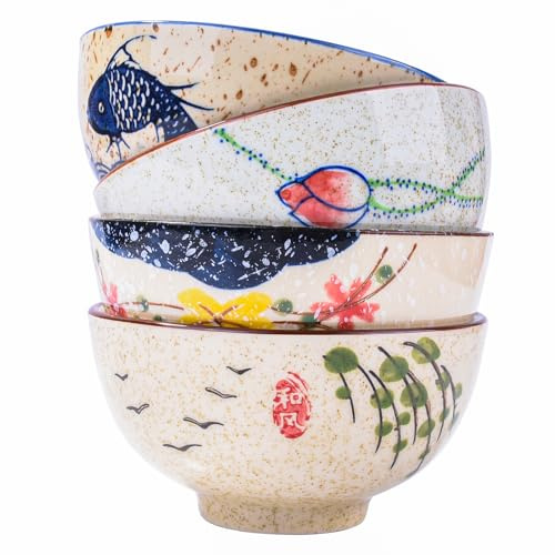 Whitenesser Japanese Retro Rice Bowls Set of 4 Hand-Painted Floral Design Ceramic Soup Sushi Bowls Small Cute Bowls