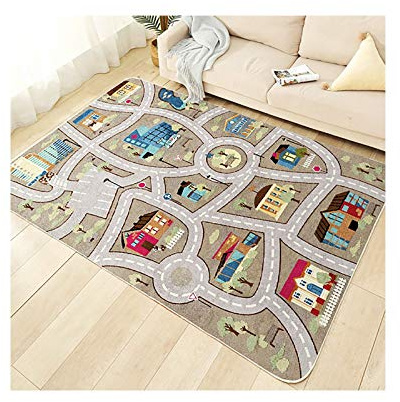 TYKTZXY Kinderteppich Spielen Teppich Straße Auto Tier Universum Blau Grün Grau(120×180cm,47×71inch)