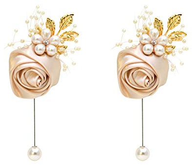 Fiwisora Boutonniere 2 Stück Satin Rose Gold Akzent Herren Boutonniere Champagner Bräutigam Anstecknadel Blume Braut Bräutigam Boutonniere für Hochzeit Abschlussball Party Tanzen