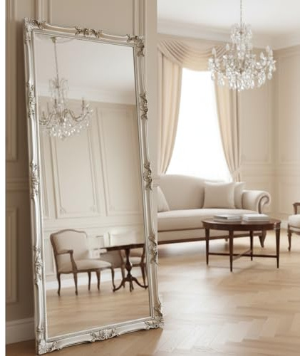 MO.WA Wandspiegel groß Spiegel klassisch Barock 82x182 Blattsilber Ganzkörperspiegel Klassischer Lehnspiegel Bodenspiegel Großer Spiegel mit Holzrahmen Silber Antik Klassisch