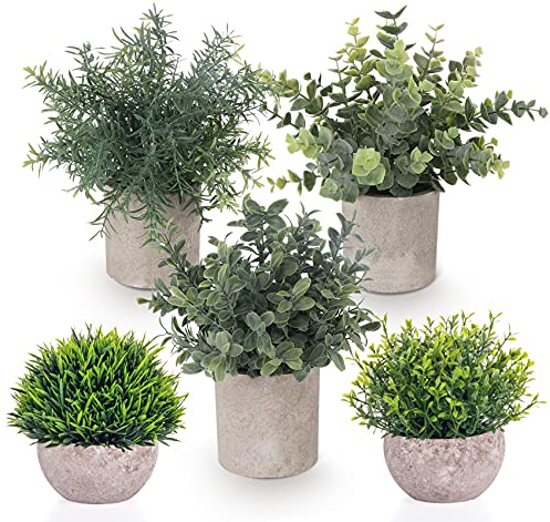 Lemonfilter Small Fake Plants, 5 Pack Mini Potted Artificial Eucalyptus Plant Greenery Plastic Fake Plants Faux Plant for Table Shelve Bathroom Kitchen Rustic Farmhouse Indoor Decor