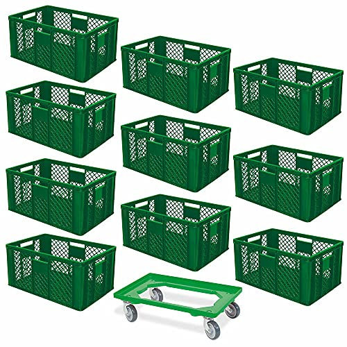 BRB Lot économique de 10 bacs empilables et roulettes de transport, 600 x 400 x 320 mm, qualité industrielle, convient à un usage alimentaire, vert
