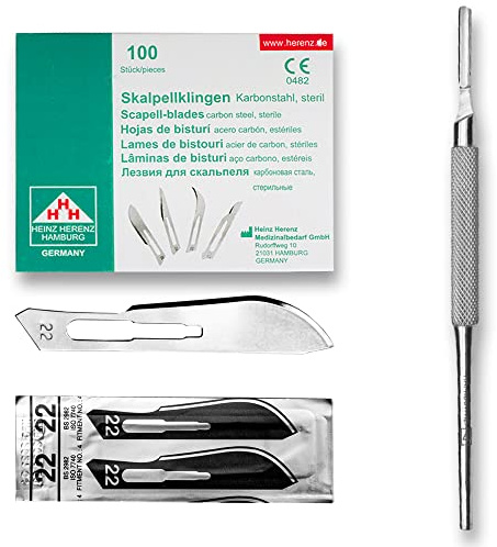 May Set: 100x Skalpellklinge Figur 22 & Rund-Skalpellhalter 4 Edelstahl | 100 sterile Karbonstahlklingen mit rundem Griff für Arbeiten in der Podologie