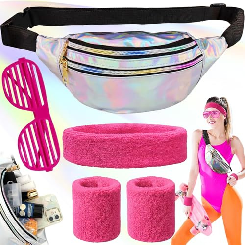 dcas 5 Stück Aerobic Bauchtasche Outfit, 90er 80er Jahre mit Bauchtasche Damen, Bauchtasche Mode Damen Glitzer, 80er Jahre Kostüm Bauchtasche Zubehör, Bauchtasche Stirnband Neon, für Kostüm Rave Party