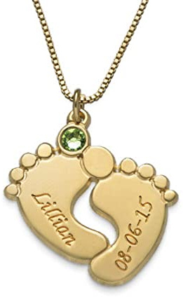 MYKA - Personalisierte Babyfüße Charm-Halskette mit Geburtssteinen für Frauen – Gravieren Sie jeden Namen und Datum – Sterling Silberschmuck für Mütter – Geschenk