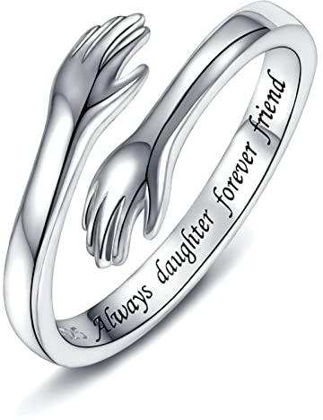 925 Sterling Silver Hug Rings for Women, I Love You Forever Love You Mother Gift Sister Gifts Engraved Words Hugging Hands Open Ring Friendship Jewelry Gift (Always daughter forever friend)