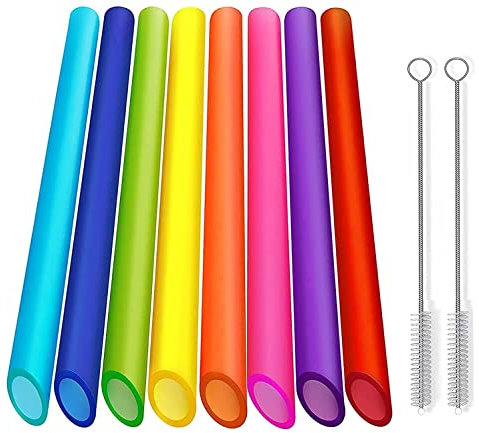 ALINK Lot de 8 pailles réutilisables Boba en plastique, design pointu, pailles à smoothie colorées de 25,4 cm de long avec 2 brosses de nettoyage