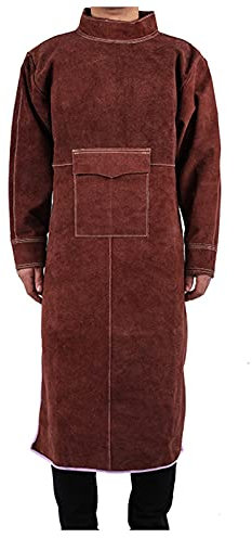 Lederschürze Schweißerschürze aus Leder mit Ärmeln, Flammfeste Rindslederschürze zum Elektroschweißen/Grillen, Verstellbarer Gürtel (Color : Brown, Size : 120cm)