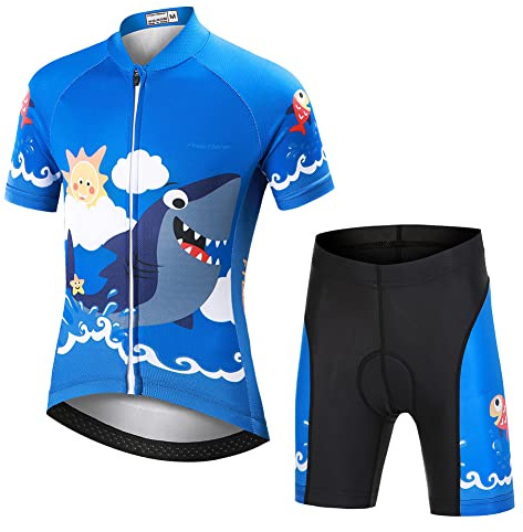 Amur Leopard Traje Maillot Ciclismo Niño Conjunto Ciclismo Camiseta Manga Corta y Shorts de Dibujos Animados Respirable de Secado Rápido, Tiburón, S/5-6 Años