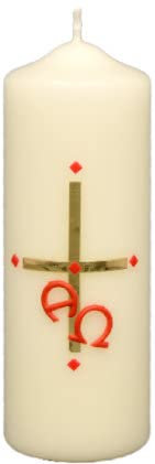 Kopschitz Kerzen Osterkerze Gold. Kreuz, A und O in rot, ohne Jahreszahl 140 x Ø 50 mm