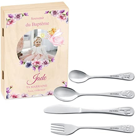 Maverton Set de Couverts de table dans boîte en bois imprimée - Thème Animal - Cadeau personnalisé - Cadeau bapteme fille - Cadeaux bébé - Coutellerie gravée - Cadeau Noel - Photo 3