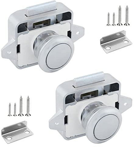 Amfrpar 2 Stück 14-16mm Push Lock Schloss Wohnmobil Metall Push Button Lock Cabinet Lock Catch Möbelschloss Camping Verriegelung Schubladen Druckschloss für Wohnwagen RV Yacht Schiff (Silber)