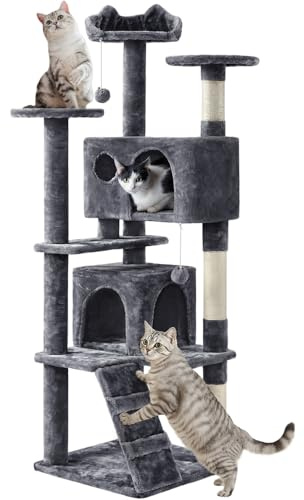 Yaheetech 158 cm Kratzbaum groß Stabiler Katzenbaum mit 2 Höhlen dunkelgrau | FSC-zertifizierte Spanplatten | Mehrstöckig für Mehrkatzenhaushalte | mit Kippsicherung | für kleine & mittelgroße Katzen