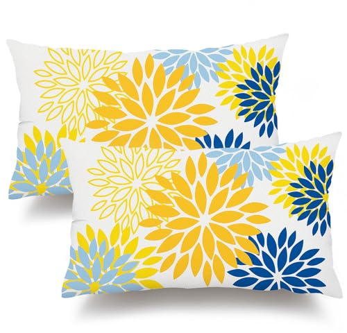 DFXSZ Yellow Blue Flower Pillow Covers 12x20 Inch Set of 2 Outdoor Throw Pillows Outdoor Waterproof Decor for Living Room Sofa Patio Funiture Garden Floral Polyester Pillow Covers 002J12