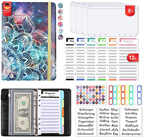 Budget Planner Deutsch Budget Binder A6 - Vollständig Deutsch Design,Budgetplaner Geld Organizer Sparbuch mit Folien für Finanzplaner Buget Sparen Mappe, Cash Stuffing Startset (Schwarz)