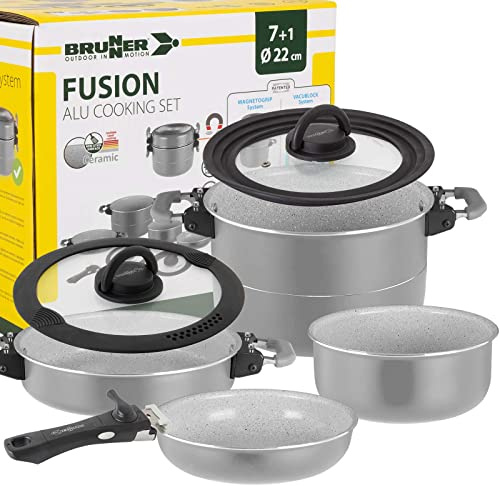 BRUNNER Camping Kochgeschirr Keramik Topfset - 7+1 teilig ø 22 cm FUSION | Platzsparend stapelbare Töpfe und Pfannen, Gas-Kocher, Elektro & Induktion - Für 2-4 Personen, Vakublock