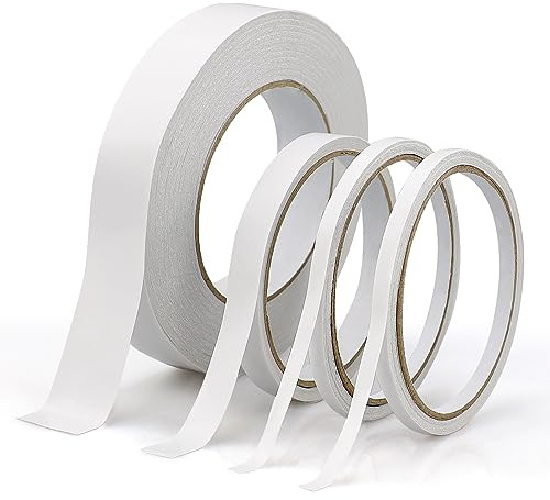 LWMLWM Lot de 4 rouleaux de ruban adhésif double face (2 x 6 mm, 1 x 12 mm et 1 x 24 mm de largeur), ruban adhésif double face transparent incolore, blanc