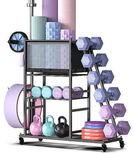 Mythinglogic Hantelständer, Multifunktionaler Kurzhantelständer für Yoga Matte, Langhantel, Faszienrolle, Kettlebell und Yoga Block, Hantelhalter aus Pulverbeschichtetem Stahl mit Rädern und Haken