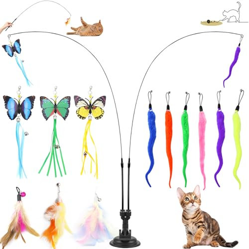 Interaktives Katzenspielzeug Intelligenz Katzen Spielzeug Interaktiv Katzenangel Stabil Cat Toys mit Federn und Saugnapf Simucatstick Kätzchen Zauberstab Schmetterling für Große Kleine Katzen (Stil 3)