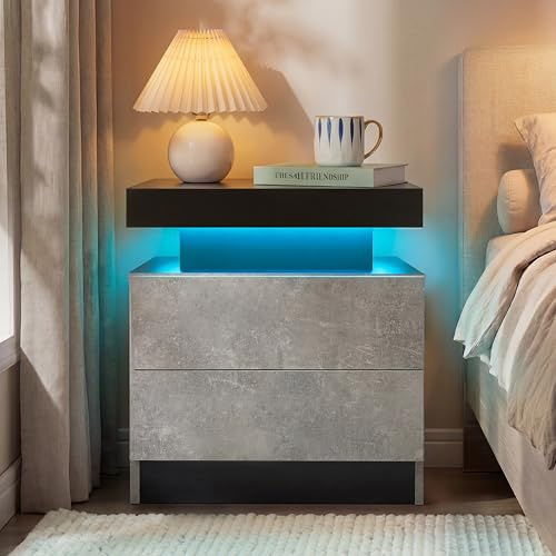Cubehom Nachttisch mit LED-Beleuchtung, 2 Schubladen, Nachtschrank | Beistelltisch in Schwarz-Grau mit 16 RGB-Farben, App- & Fernbedienung, 49 × 35 × 52 cm