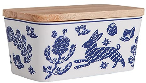 GLigeT Cloche à Beurre Beurrier en céramique à Motifs, récipient à Beurre avec Couvercle en Bois, beurrier réutilisable 1 pièce Bol à Beurre (Color : Blue White)