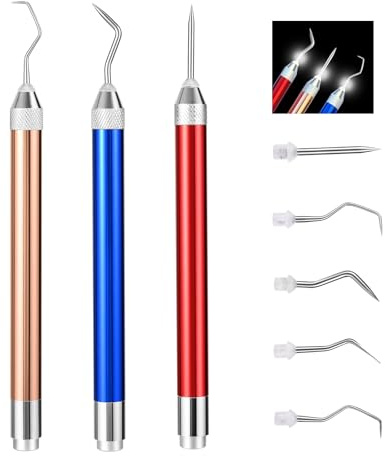 Kokorosa 3 Stück Beleuchtete Entgitterwerkzeuge für Vinyl, LED Jätungswerkzeuge für Vinyl mit 5 verschiedenen Haken, Entgitterungsstift mit Licht für Crafting, Cameos, DIY