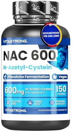 Vitastrong NAC N-Acetyl Cystein 600mg aus Pflanzenfermentation, 150 Tablets | Vorstufe von Glutathion, 1 Tablette täglich für 5 Monate, vegan, Alternative zu Kapseln, hohe Reinheit und Qualität
