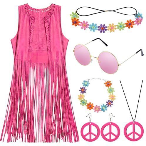 YADODO Hippie Kostüm Damen Weste Set Hippie Kleidung Damen zubehör Boho Bolero Vintage Rosa 60er 70er Bekleidung Damen 70er Outfit Disco Fransenweste Cowgirl Karneval Faschingskostüme für Frauen(S)