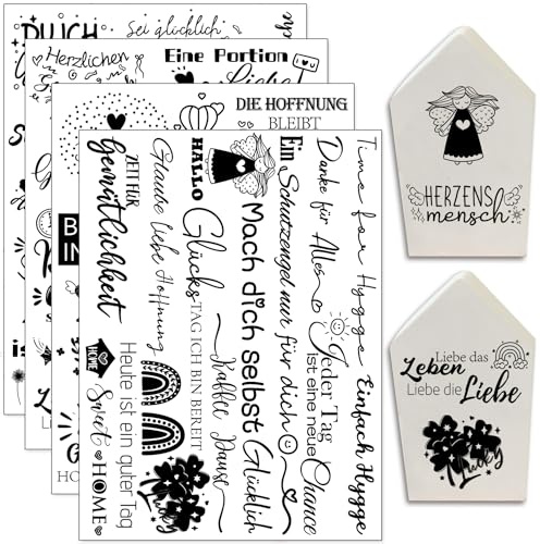 Hongma Rub On Sticker ca.A5 14x19cm Happy Life 4PCS Sprüche für Raysin | Rub On Folie Rubons Aufkleber für Untersetzer DIY Transfers für Raysin für Keraflott Gips Möbel Glas Holz DIY Deko