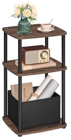 SONGMICS HOME Tavolino, Comodino, 3 Ripiani, Cestino in Tessuto, per Camera da Letto, Soggiorno, Struttura in Acciaio, 30 x 34 x 58 cm, Moderno, Noce Naturale LET286K01