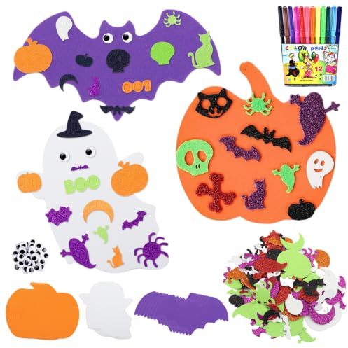 Halloween Basteln Kinder, 24 Stück Kürbis Bastelsets Schaum, Halloween Kürbis Dekorationen, Halloween DIY Fledermaus, Geist, Kürbis Schaum Aufkleber, Halloweens Fenster Deko für Party Dekorationen