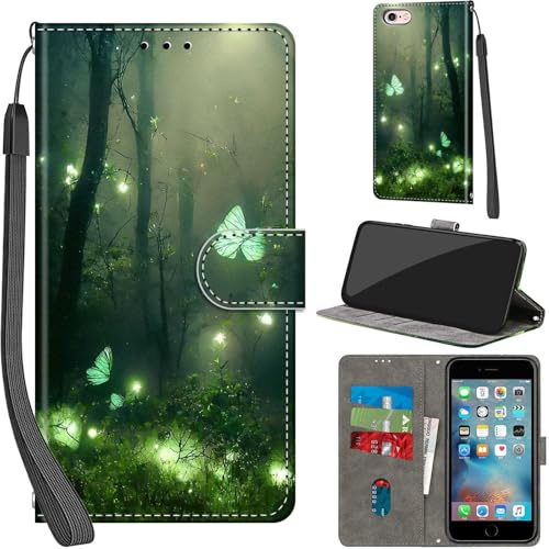 Haninsuze Handyhülle für iPhone 6 / 6s Hülle, Waldschmetterling | PU Leder, Klappbar, Kartenfächer, Ständer, Kameraschutz, Brieftasche, Magnet, Stoßfeste, Muster Motiv